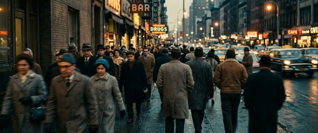 Archival-feeling crowd on a city street, motion blurred, period coats