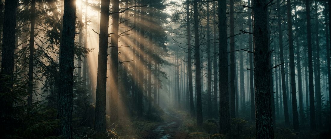 Fog through a pine forest at first light, god rays between trunks