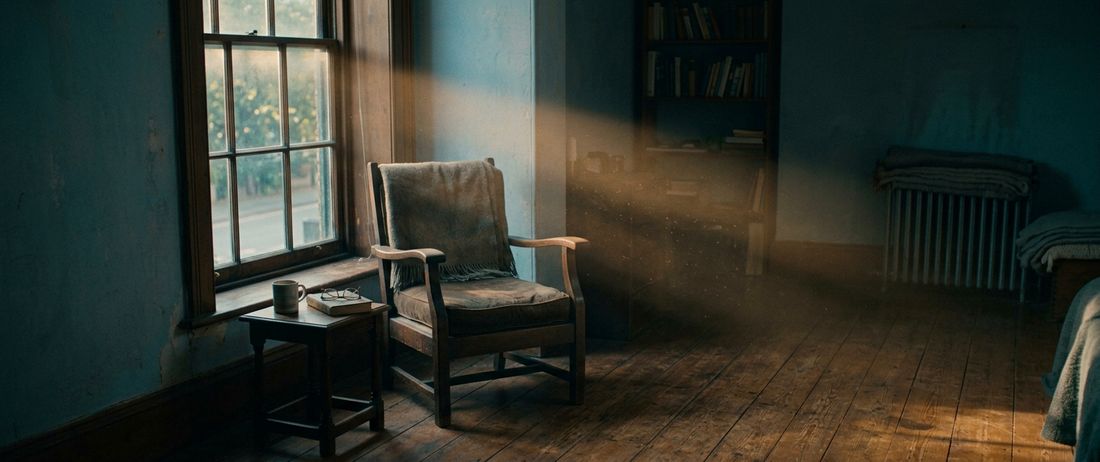 An empty chair beside a tall window at dawn, dust in a shaft of light